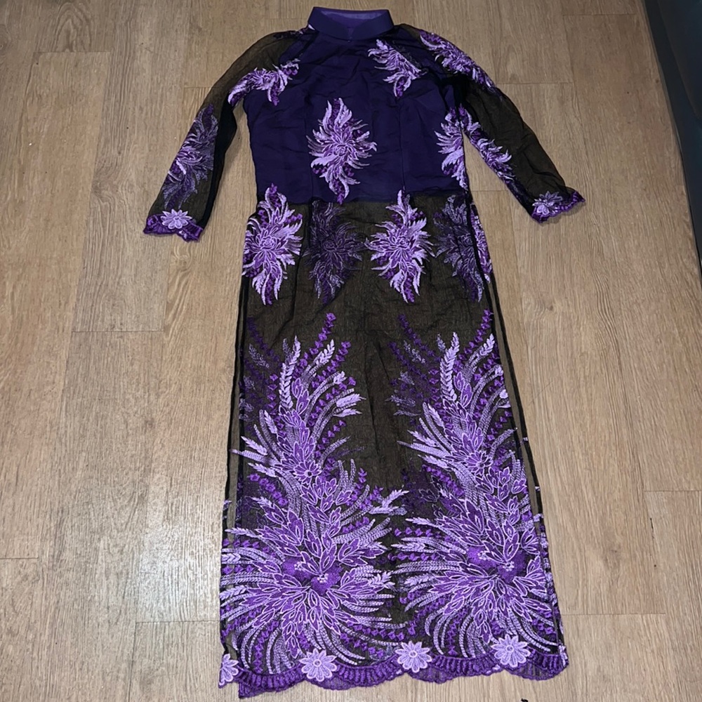 Black mesh Vietnamese ao dai with purple floral embroidery